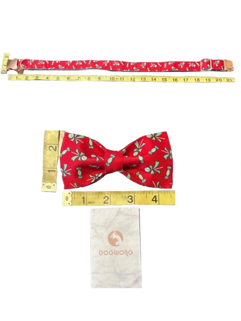 Red Candy Print Dog Collar S/M w Detachable Bow Tie Rose Gold NWT Cute